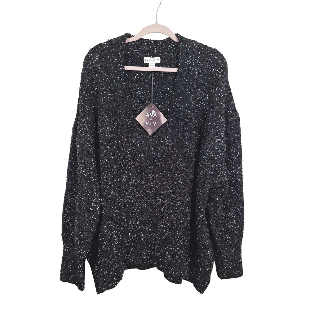 Ava & Viv Womens 3X Black Metallic Tinsel V-Neck Pullover Sweater NWT